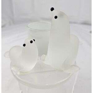 PartyLite Candle Holder Frosted‎ Glass Seals Mother and Baby Cute Home Decor